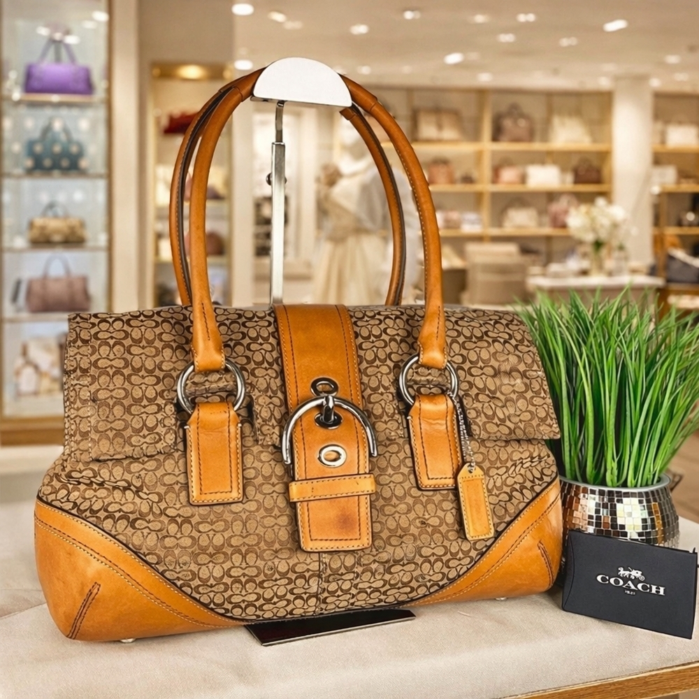 Coach Y2K Soho Hand Bag Tan and Brown Signature Flap Buckle Satchel Purse‎ Boho